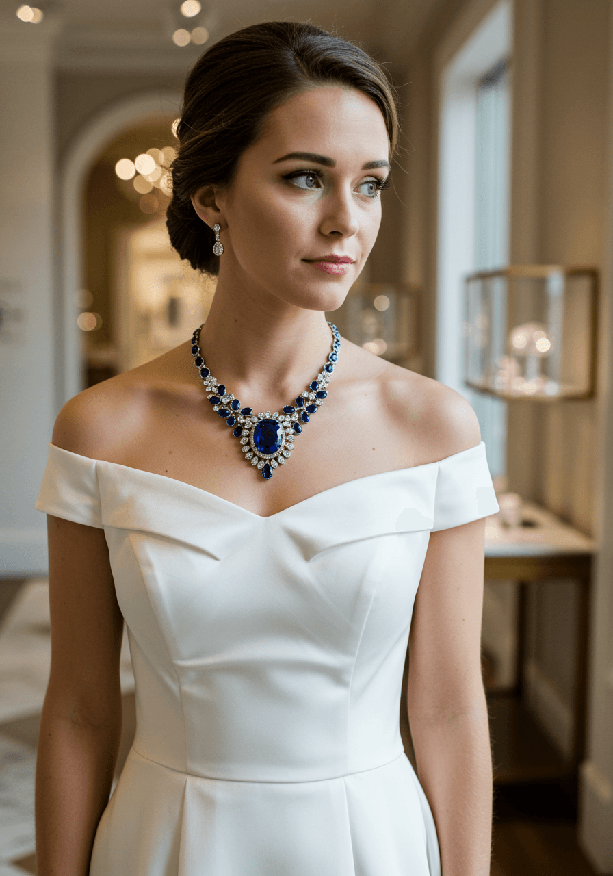 Bride in off-shoulder white gown wearing deep sapphire blue halo statement necklace in luxury boutique