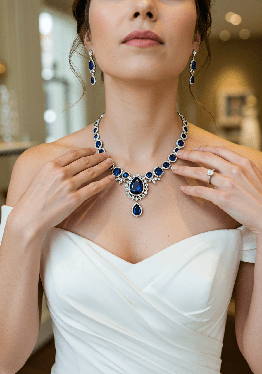 Bride adjusting stunning sapphire and diamond halo necklace against off-shoulder wedding dress