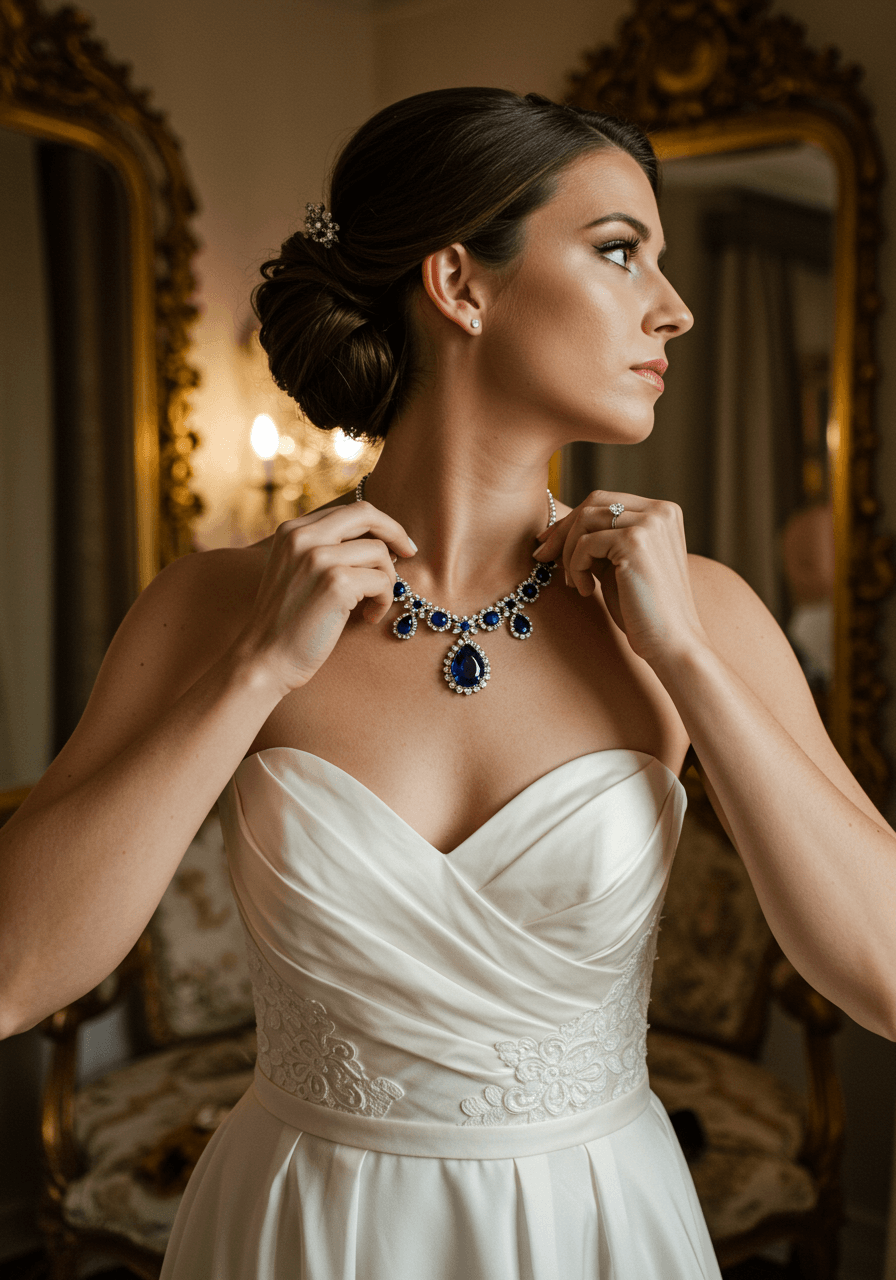 Detail of bride fastening sapphire and diamond statement necklace clasp in opulent dressing room