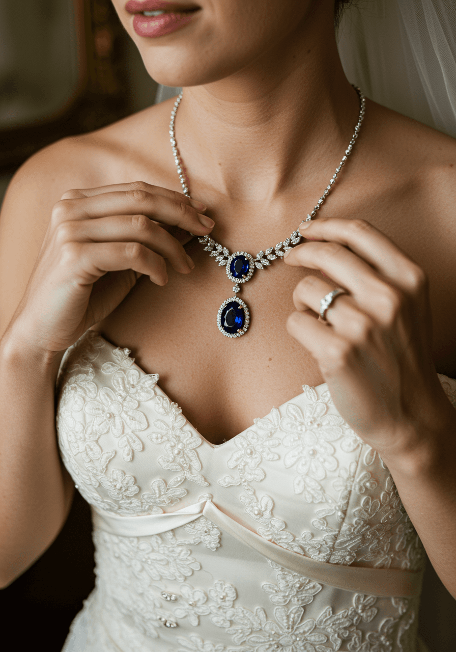 Close-up macro shot of hands adjusting deep sapphire halo necklace with diamond accents against lace bodice