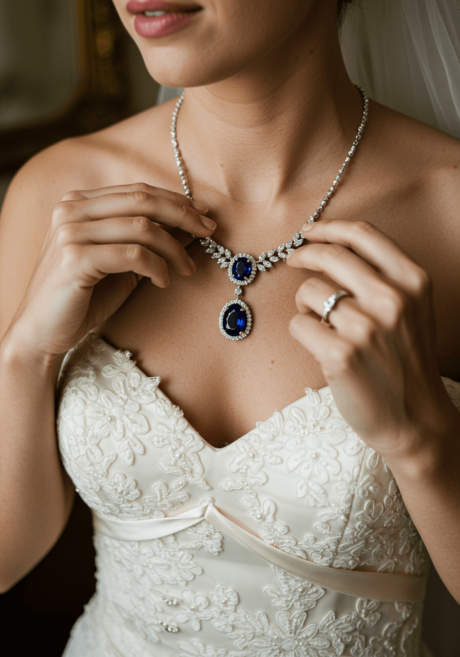 Close-up macro shot of hands adjusting deep sapphire halo necklace with diamond accents against lace bodice