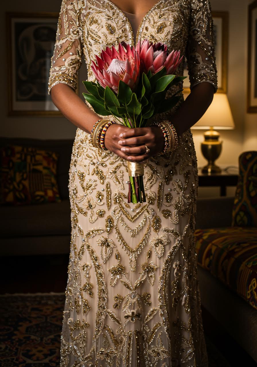 Medium shot of bride's hands cradling protea bouquet showing intricate flower structure and natural beauty