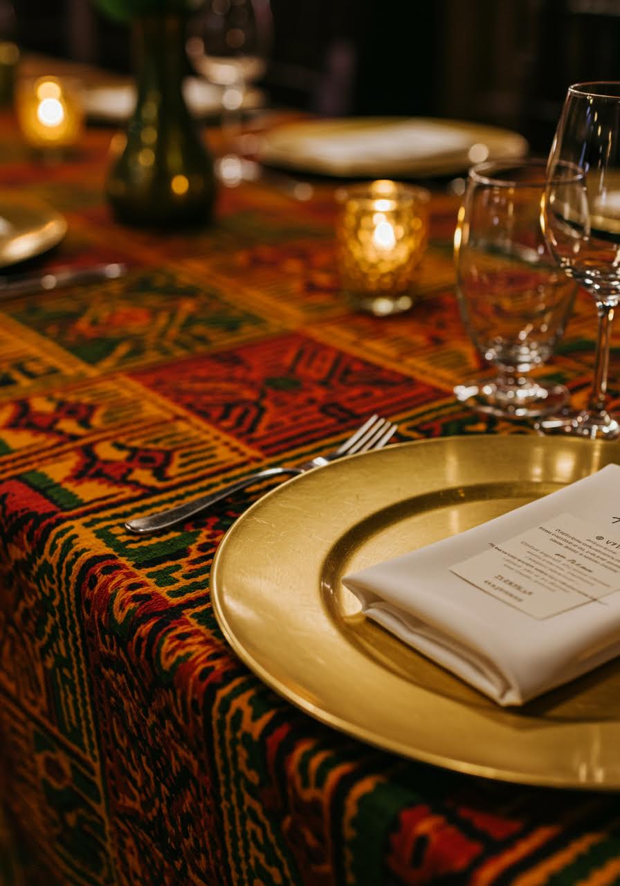 Stunning brass charger plate detail showcasing geometric Kente patterns with elegant table setting elements