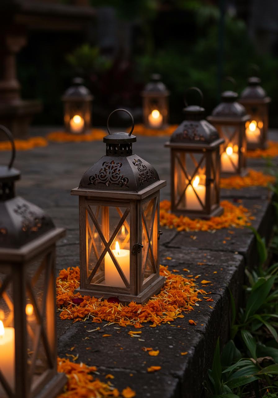 Detailed view of ornate metal lanterns lining stone pathway decorated with scattered rose petals