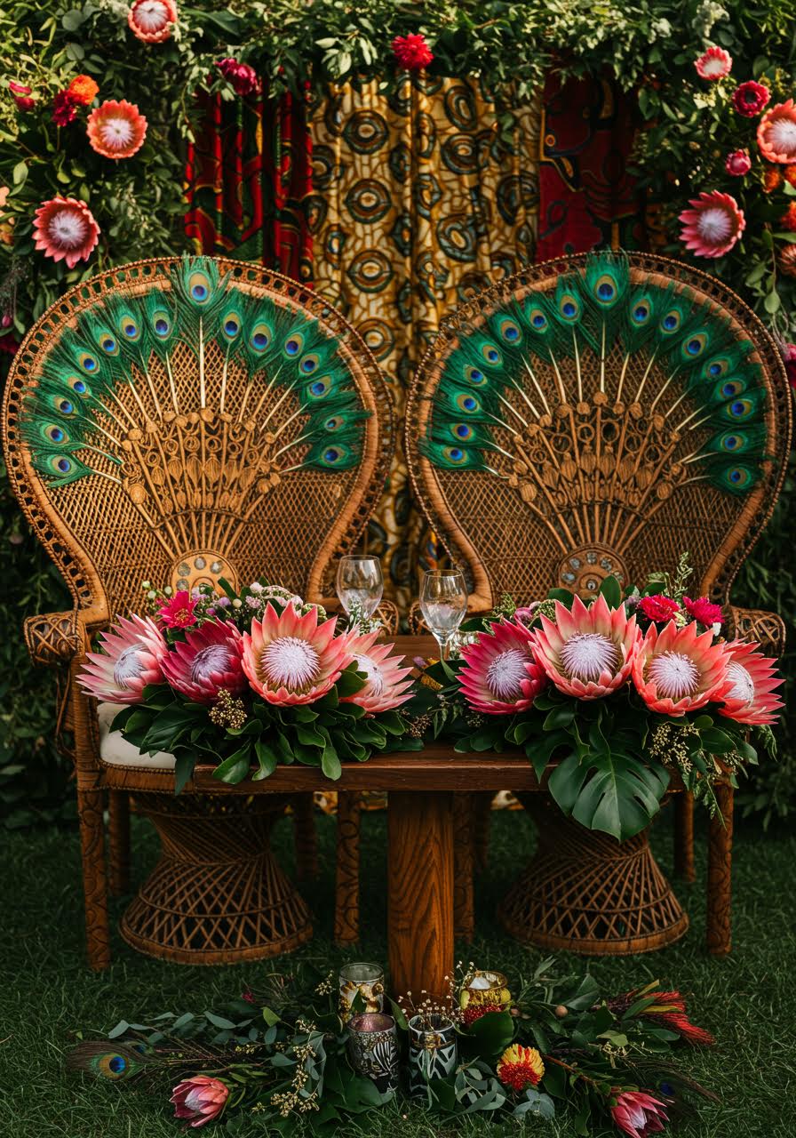 Detailed view of ornate peacock chair craftsmanship alongside protea floral arrangements on elegant sweetheart table