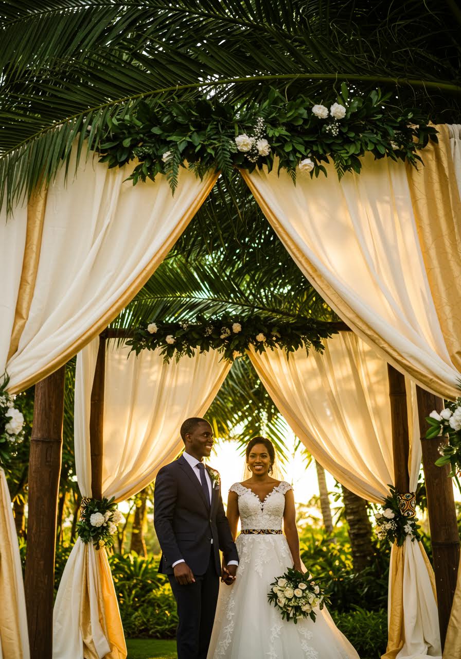 Bride and groom making their grand entrance through tropical garden setting with lush greenery
