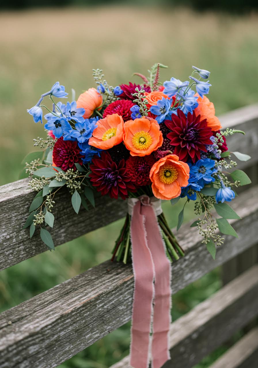 Bohemian bouquet with electric blue delphiniums, coral flowers and burgundy accents against rustic fence