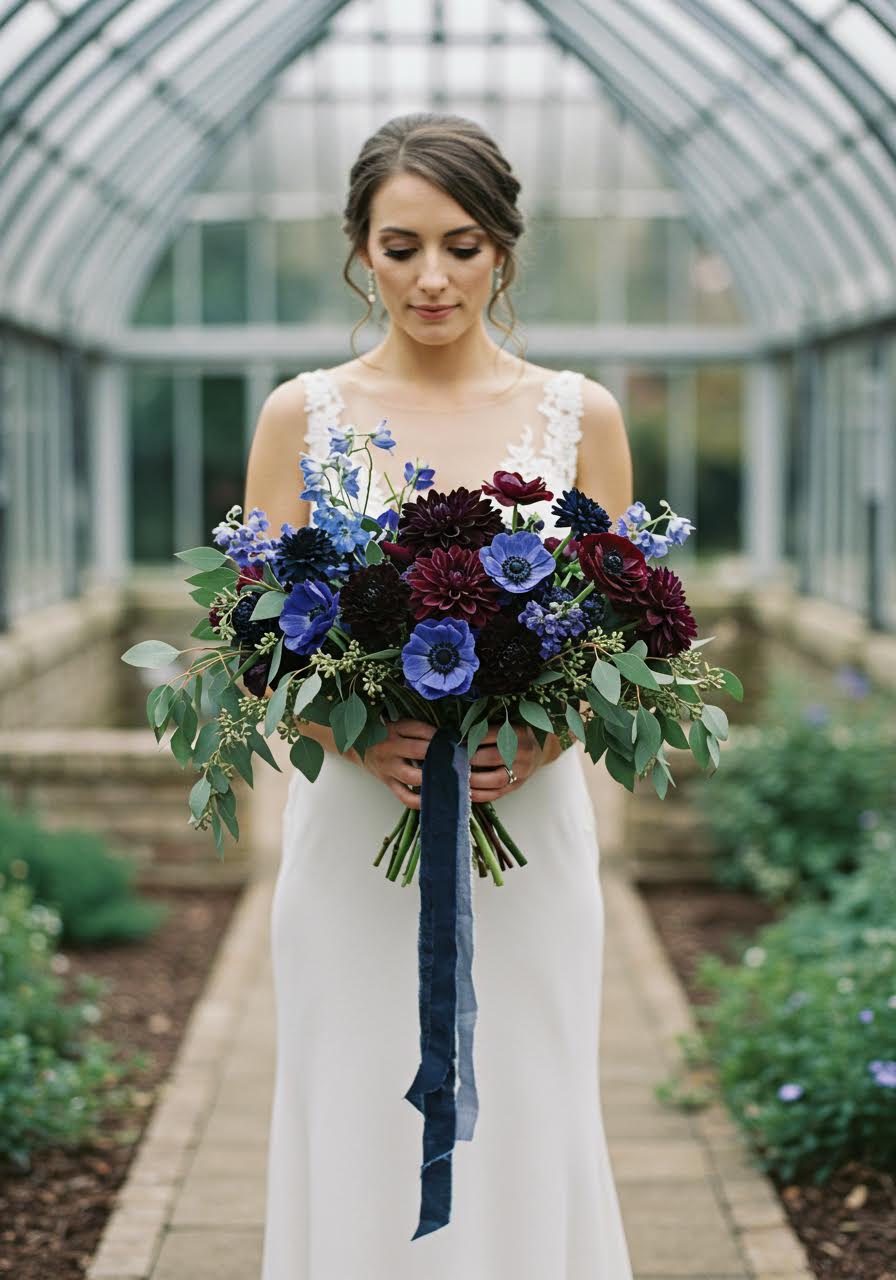 Bride holding deep sapphire blue and burgundy bouquet in glass conservatory with tropical plants