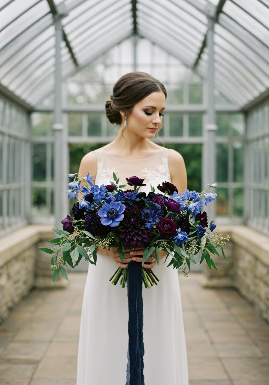 Close-up detail of sapphire wedding bouquet showing rich blue delphiniums and burgundy dahlias