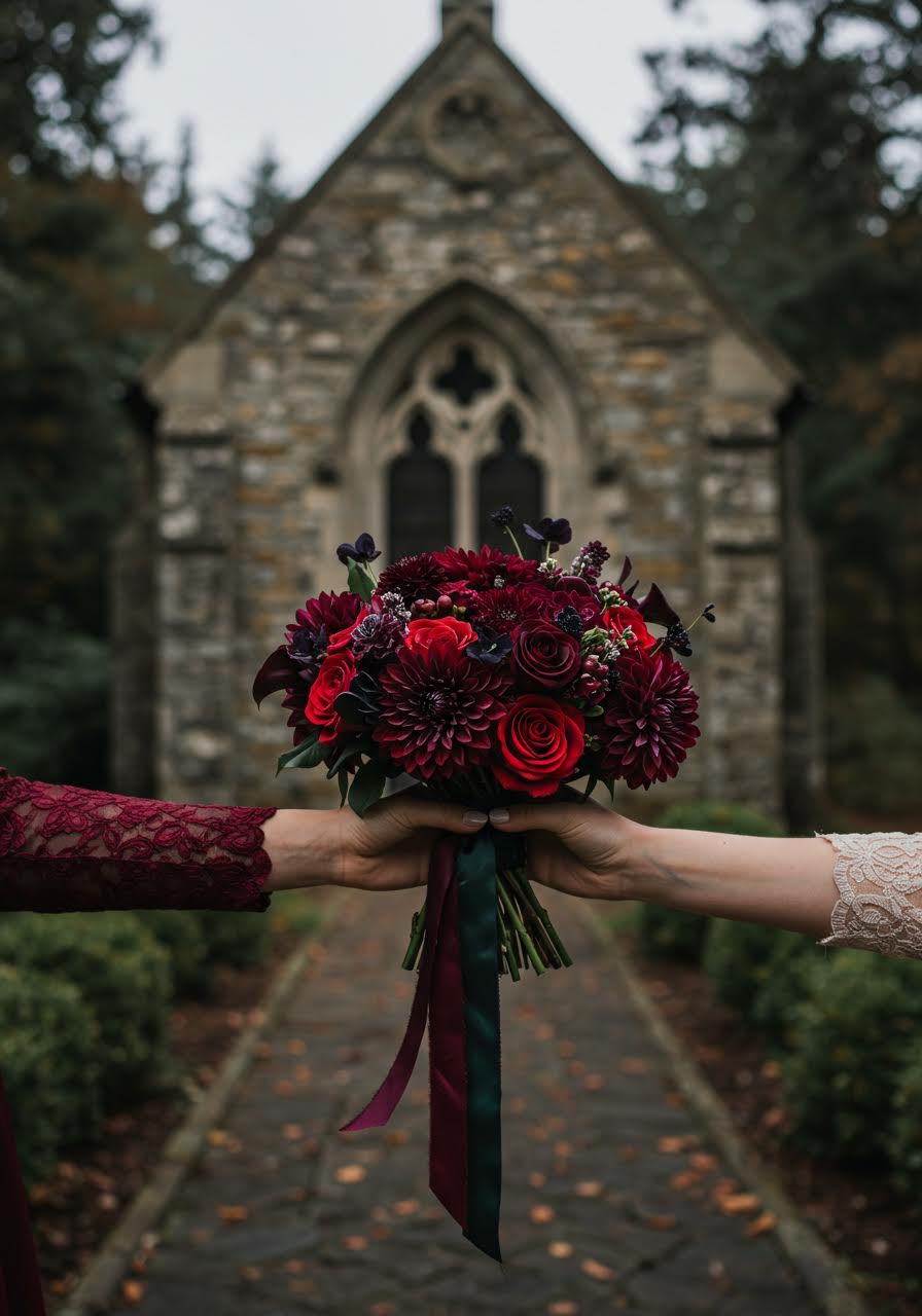 Wide shot of bride with burgundy bouquet in traditional chapel interior