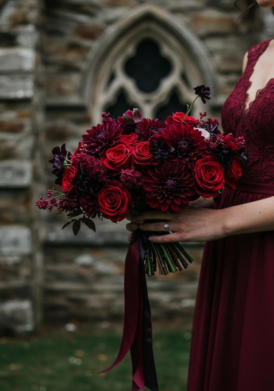 Bride's hands holding burgundy bouquet in intimate chapel ceremony setting