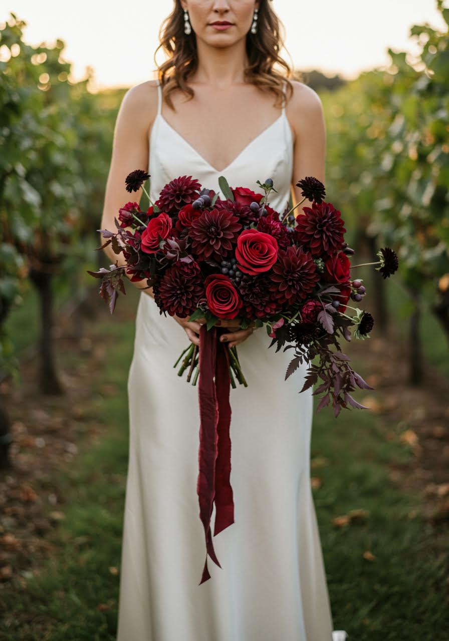 Bride holding burgundy and wine-toned bouquet in vineyard during golden hour lighting