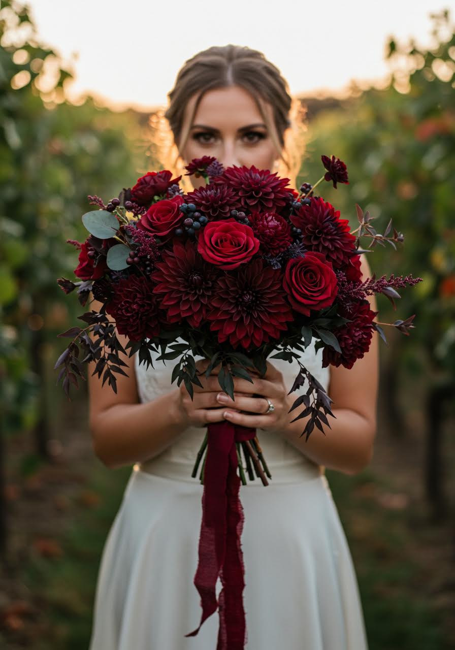 Close-up detail of burgundy wedding bouquet with deep red dahlias and wine-coloured roses