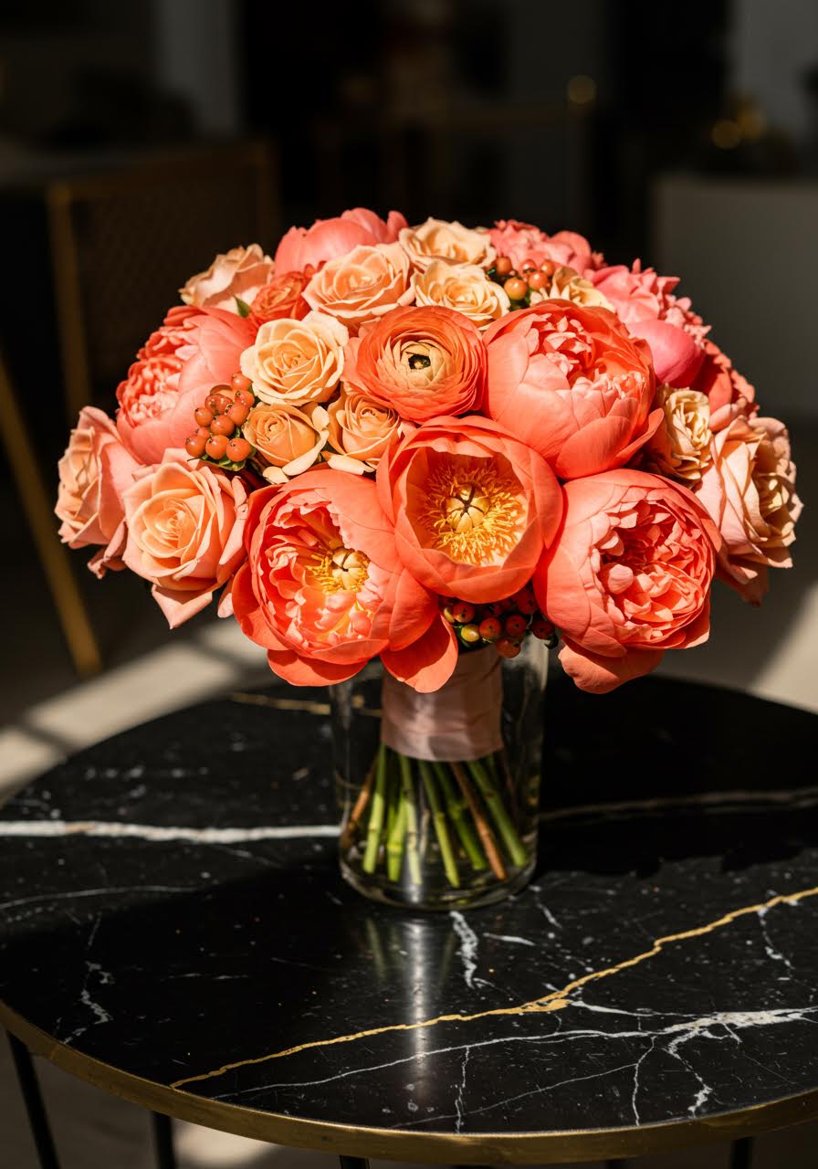 Coral and orange monochromatic bouquet displayed on marble pedestal in bright studio