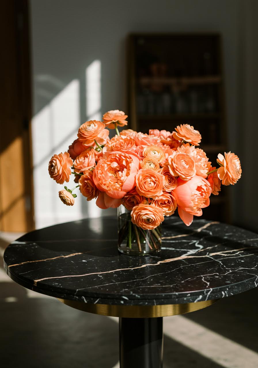 Wide studio shot showing coral bouquet arrangement with professional lighting