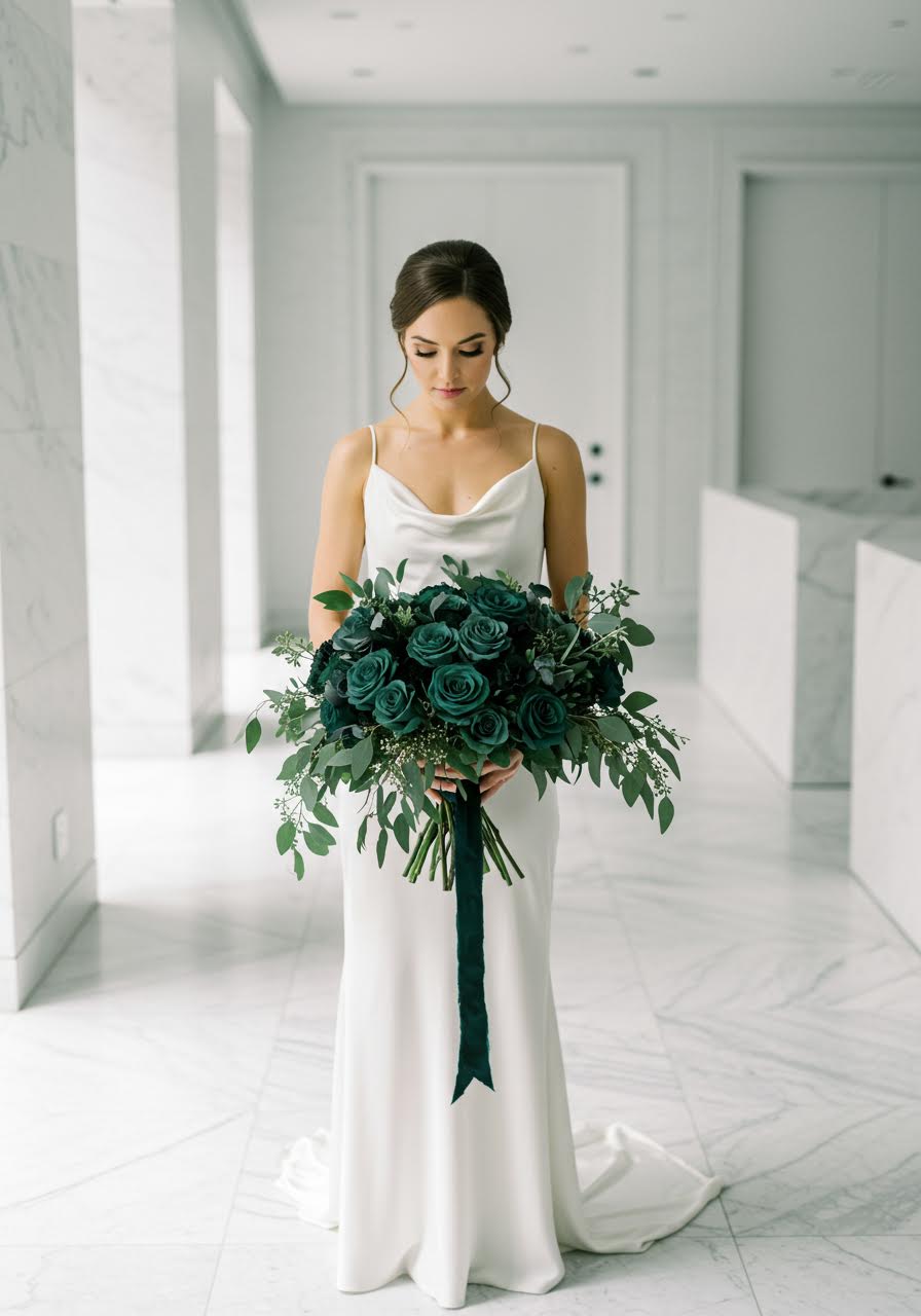 Full view of bride holding emerald green bouquet in contemporary architectural setting