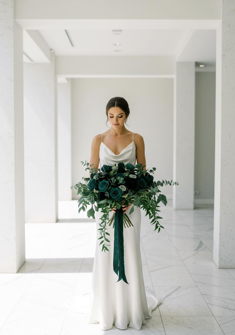 Emerald green monochromatic bouquet with various green blooms in modern minimalist venue