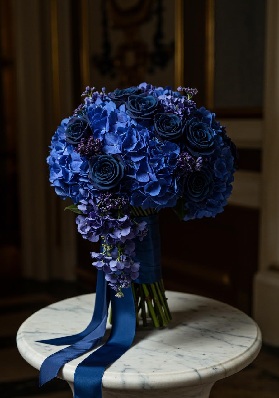 Macro shot of jewel-toned bouquet with navy blue roses and purple accents on marble pedestal