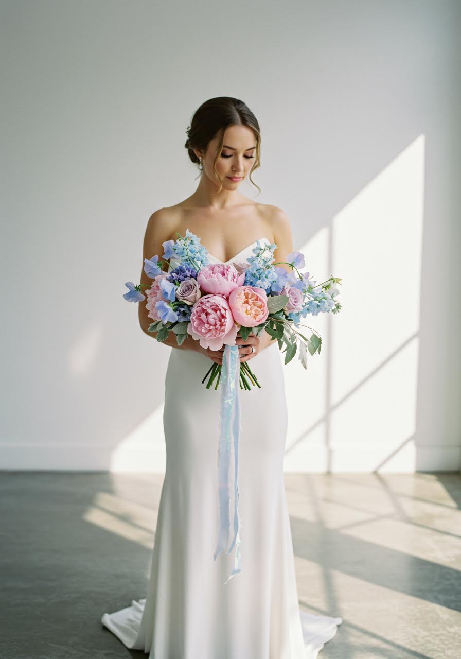 Soft pastel wedding bouquet with lavender roses and mint eucalyptus in modern gallery setting