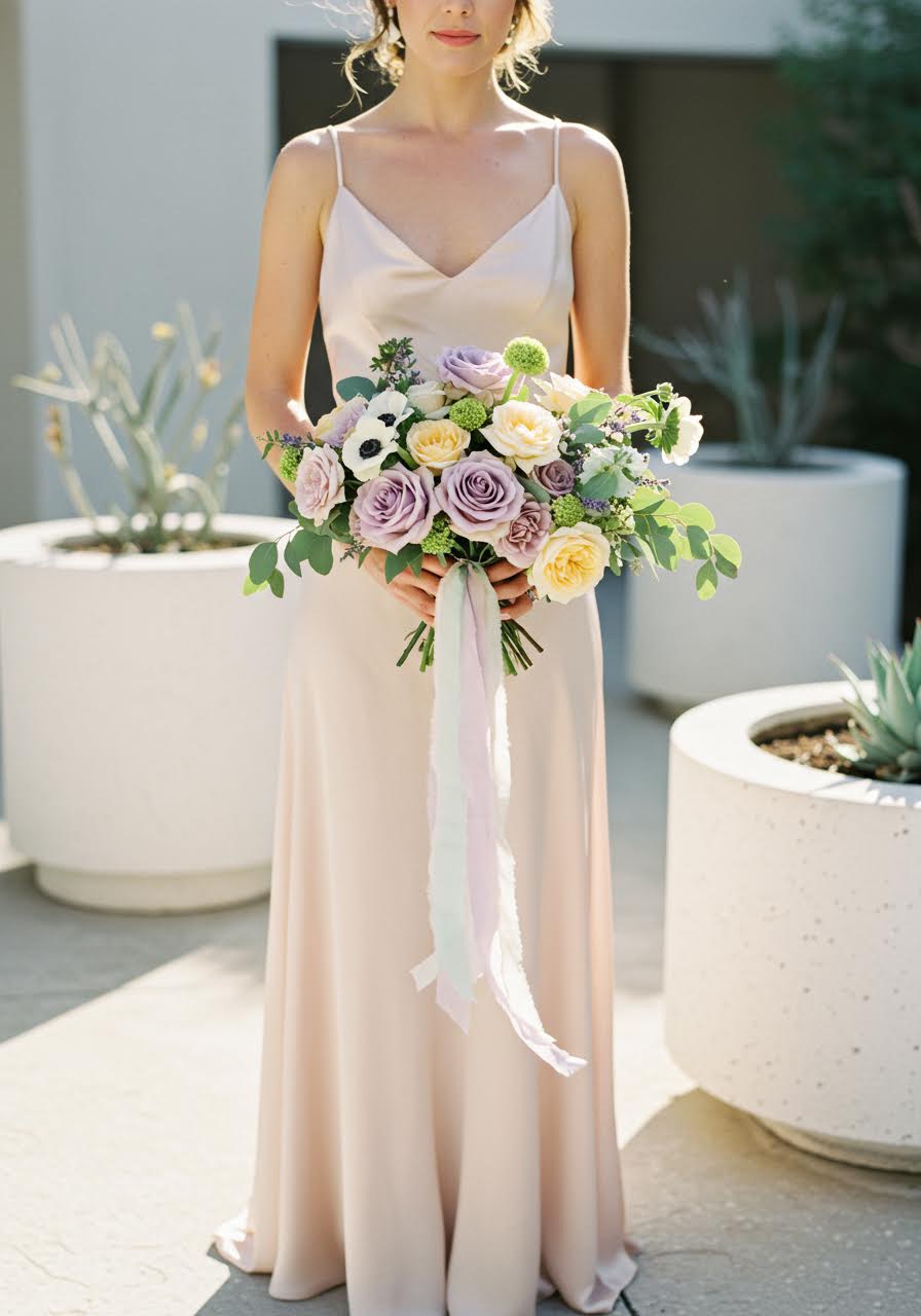 Romantic pastel bouquet featuring lavender sweet peas and mint green eucalyptus in courtyard