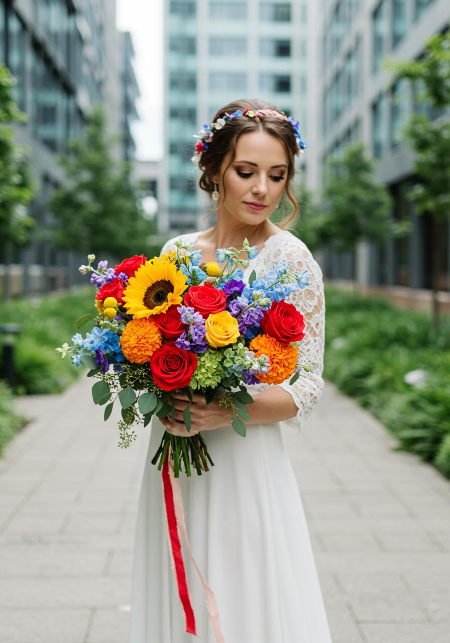 Bride holding vibrant rainbow wedding bouquet against urban graffiti wall backdrop