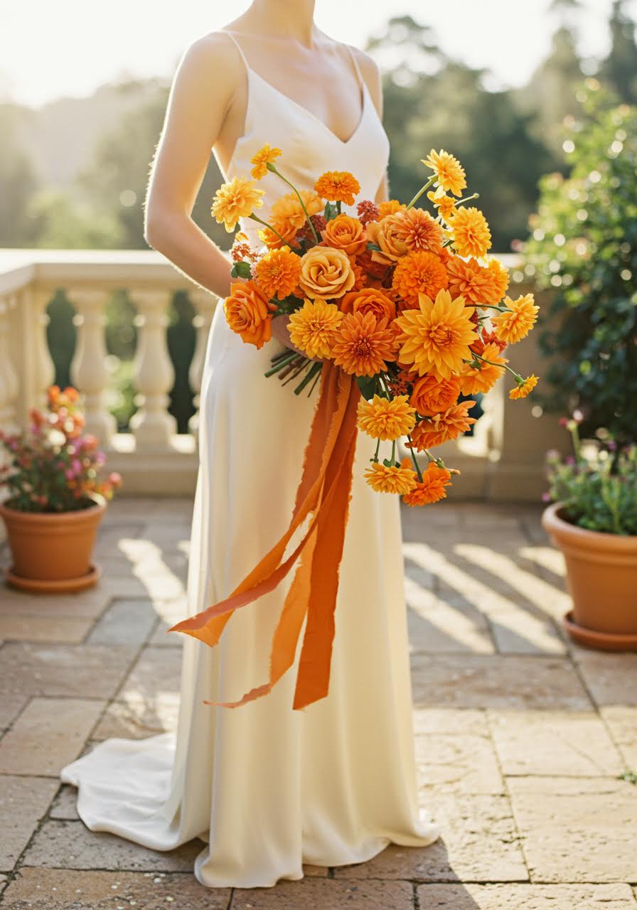 Sun-kissed orange and terracotta wedding bouquet in Mediterranean garden terrace setting