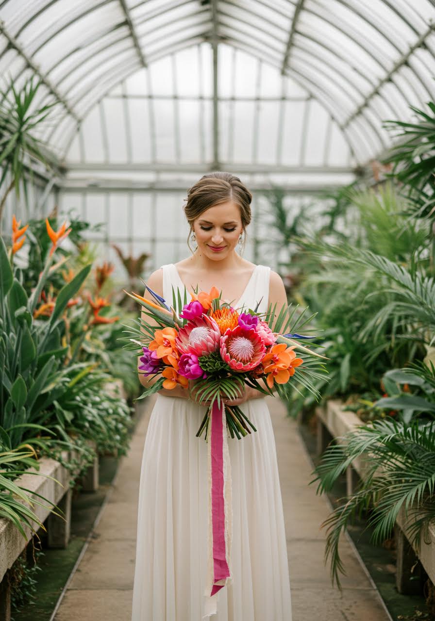 Tropical wedding bouquet with birds of paradise and bright orange flowers in botanical conservatory