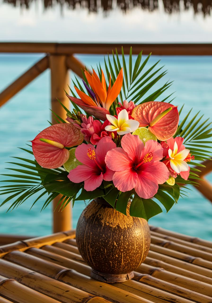 Tropical bridal bouquet with coconut palms and bright orange blooms during golden hour lighting