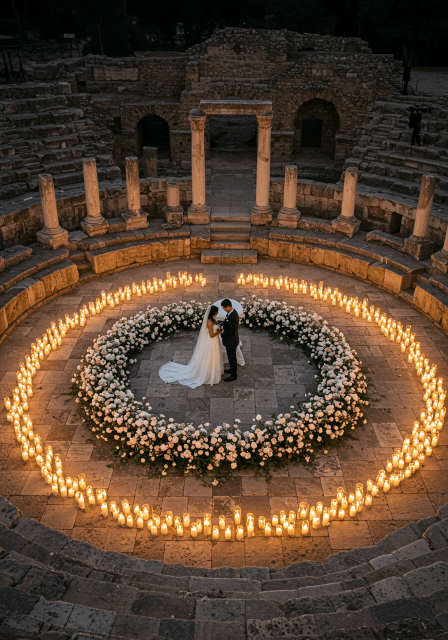Twilight wedding ceremony in ruins with circular candlelit arrangement