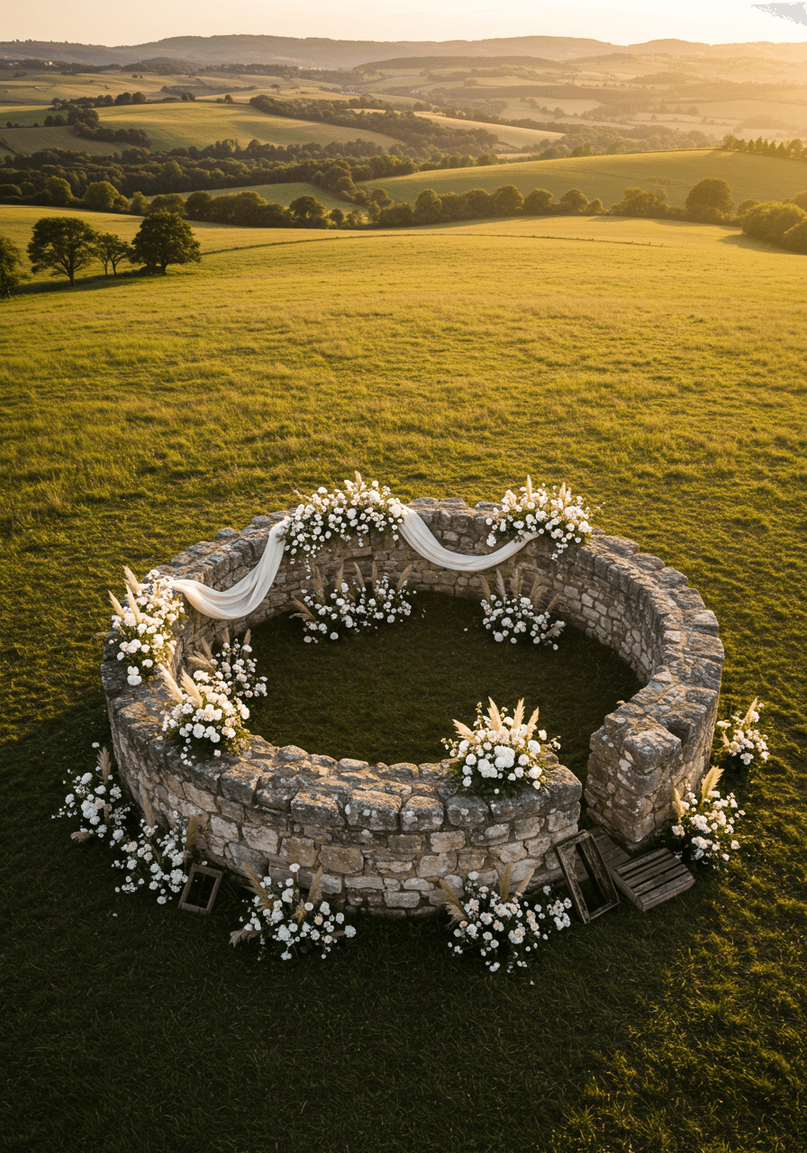 Wedding altar created from ancient fallen stones in romantic golden hour lighting