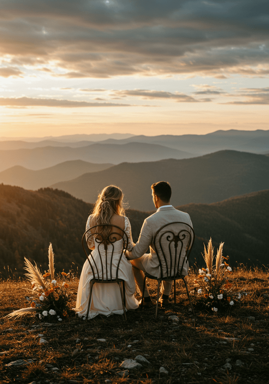 Intimate hilltop elopement setup with two chairs against expansive mountain sky