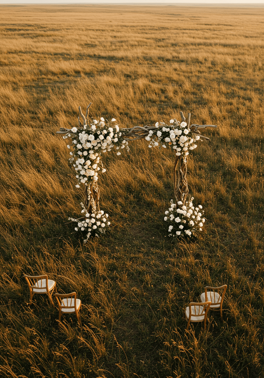 Bohemian driftwood wedding arch installation on vast grassland steppe at sunset