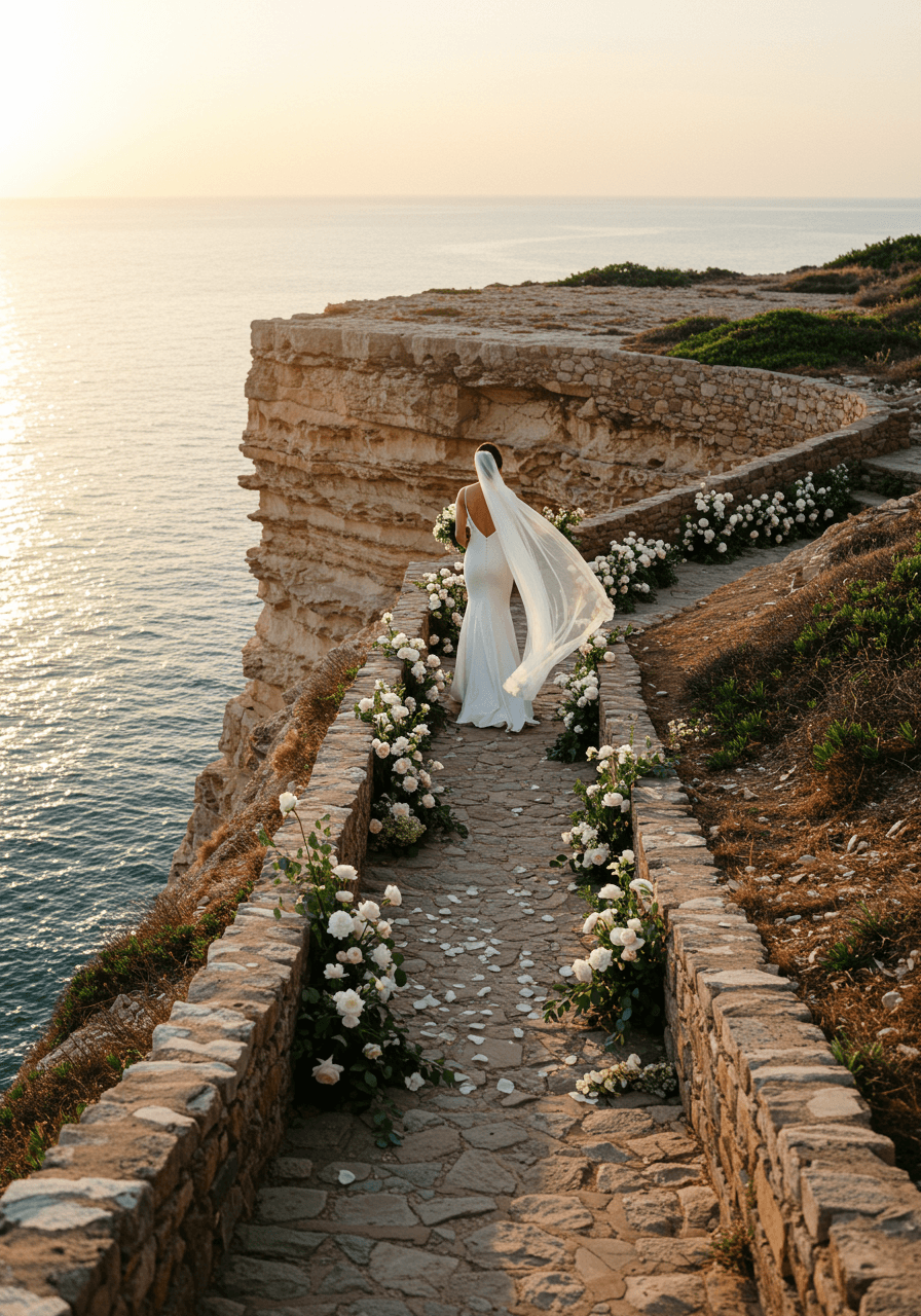 Bride walking down a clifftop aisle at golden hour with panoramic valley views