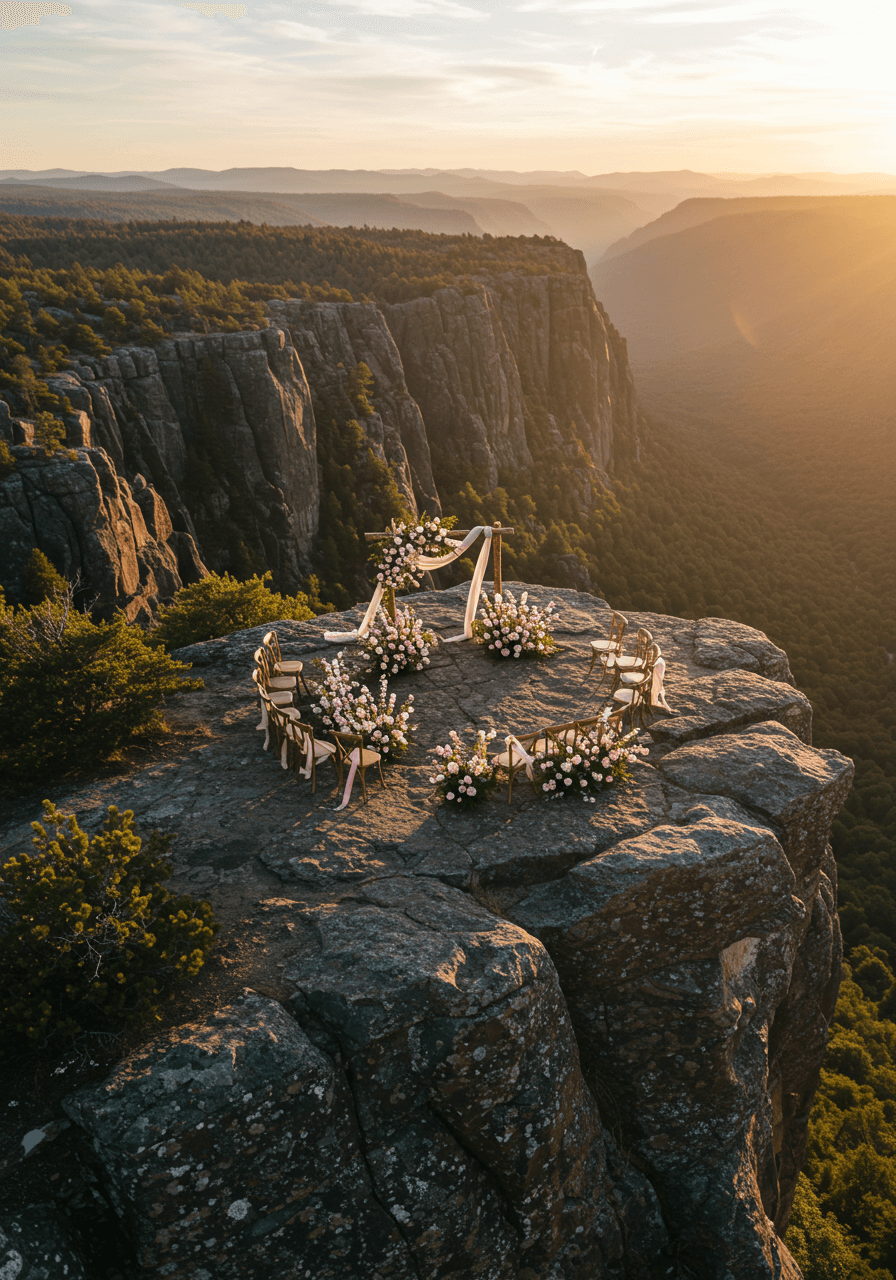 Clifftop wildflower meadow wedding ceremony with dramatic edge views