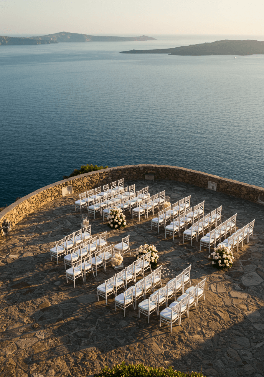 Clifftop ocean wedding with all seating facing uninterrupted horizon view