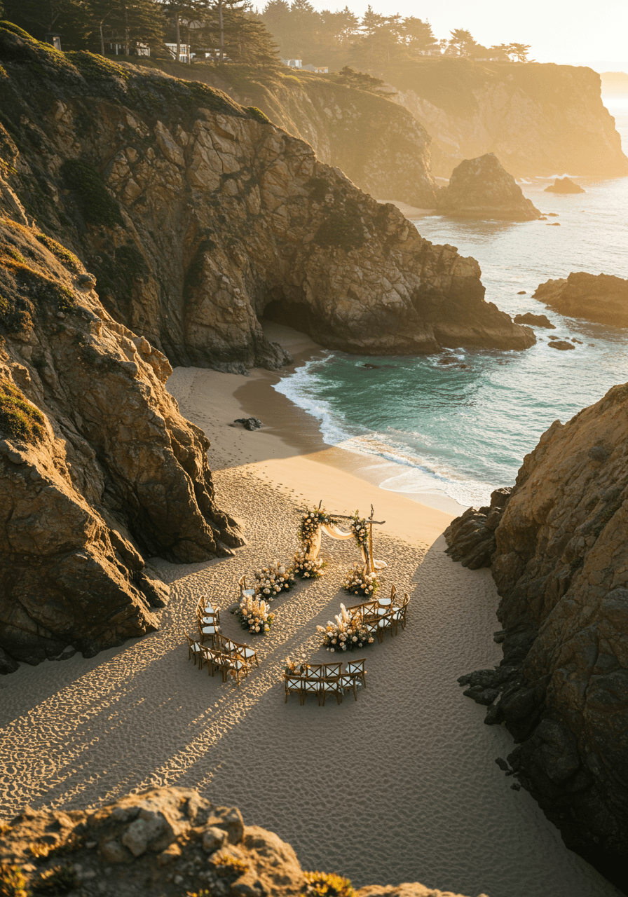 Intimate beach cove wedding ceremony surrounded by protective rocky cliffs