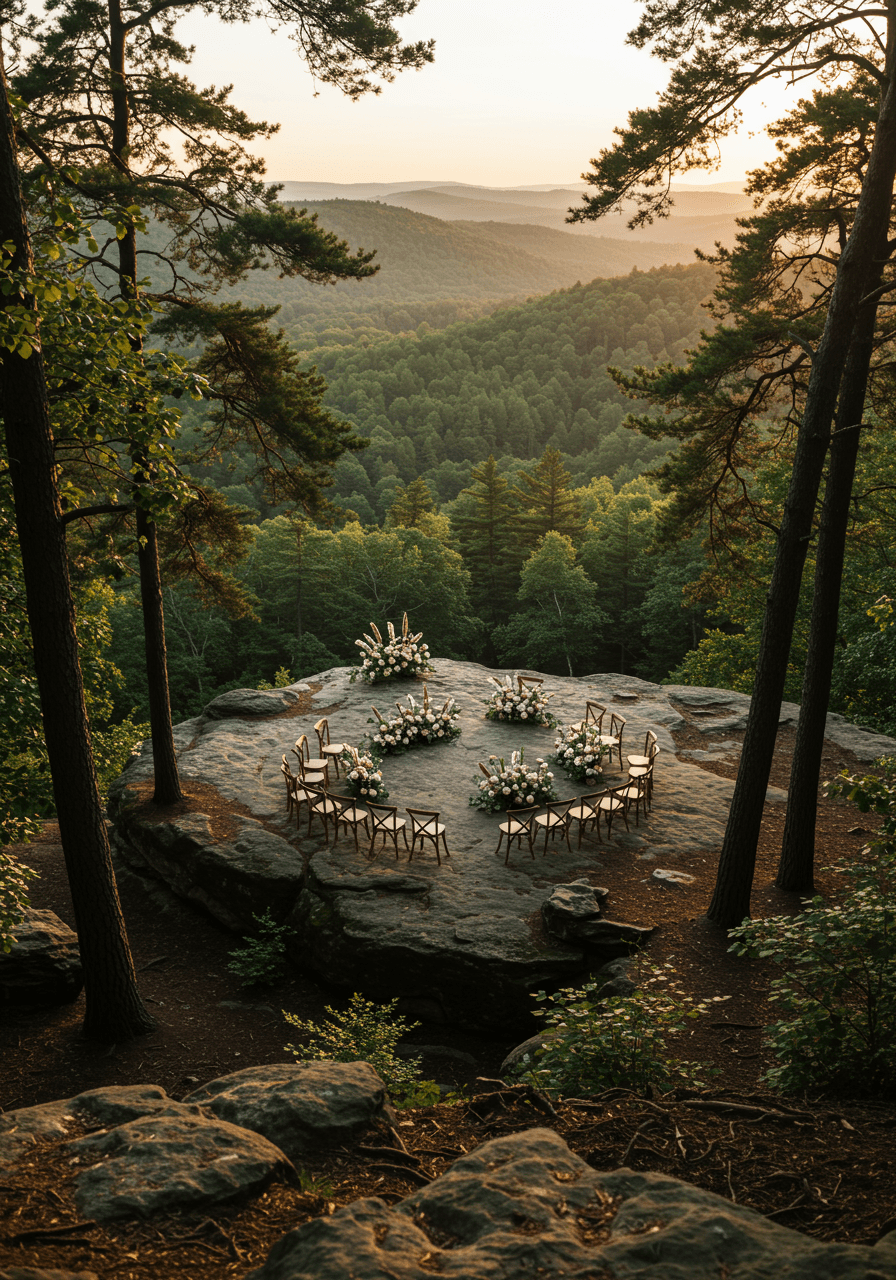 Forest clearing cliffside wedding ceremony with dense woodland and distant valley views