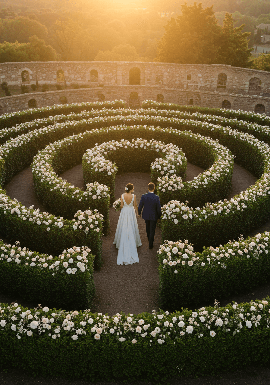 Winding floral labyrinth wedding aisle design in garden setting at golden hour