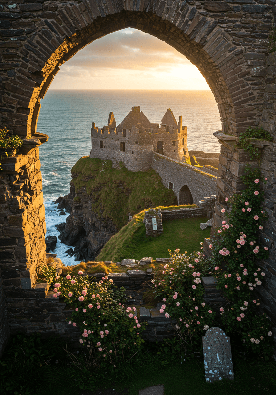 Irish coastal castle ruins wedding ceremony overlooking dramatic Atlantic coastline