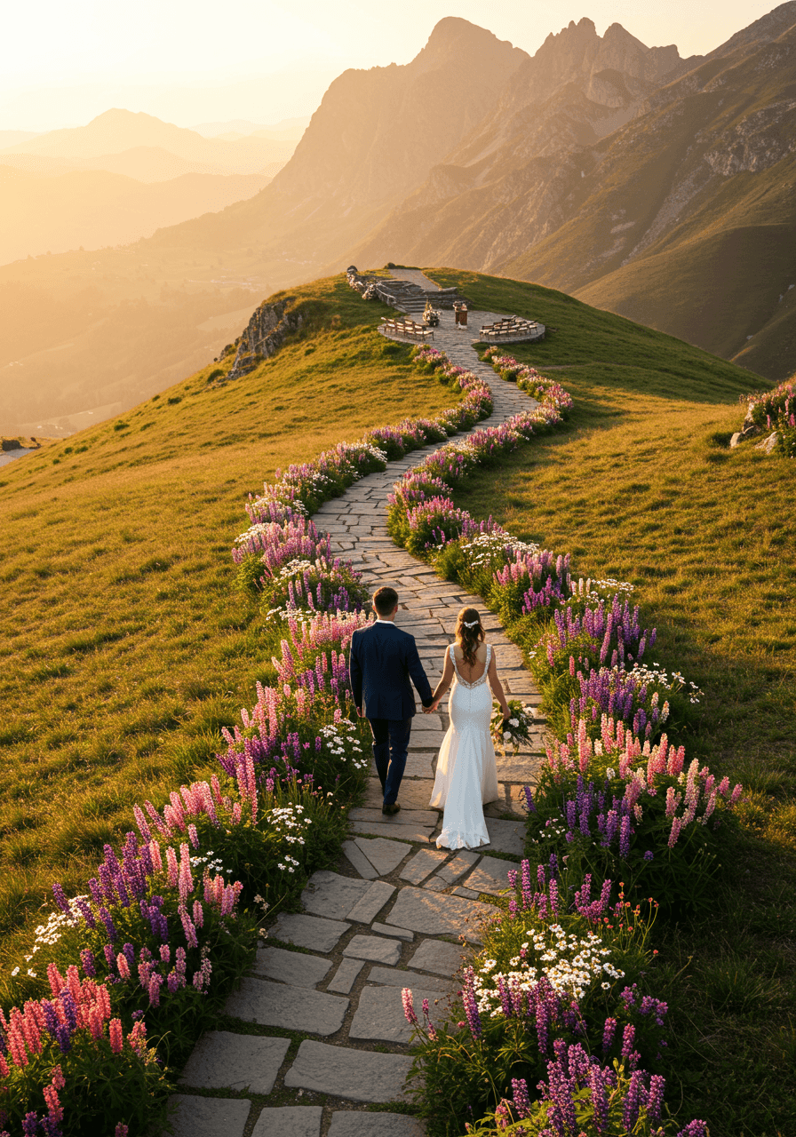 Winding wildflower-lined aisle leading to mountain cliff ceremony viewpoint