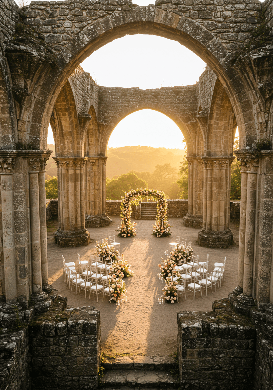Circular wedding ceremony arrangement within ancient stone arches adorned with florals