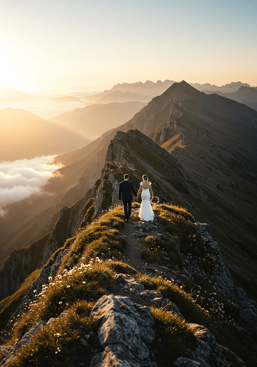 Mountain ridge wedding processional with breathtaking aerial mountain views