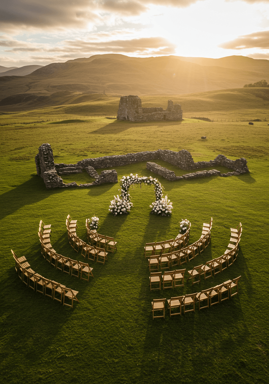 Circular wedding ceremony setup in Scottish highlands meadow during golden hour