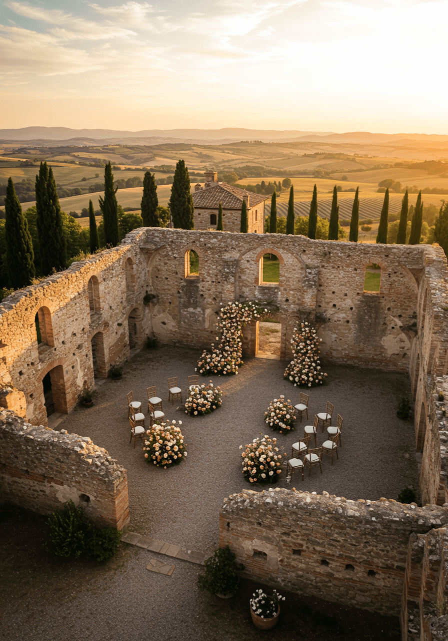 Tuscan hilltop ruins wedding ceremony overlooking vineyard countryside at golden hour