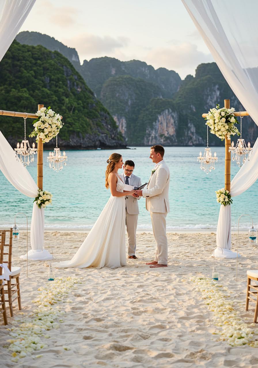 Bride and groom exchanging vows on pristine white sand beach with crystal turquoise waters during magical golden hour