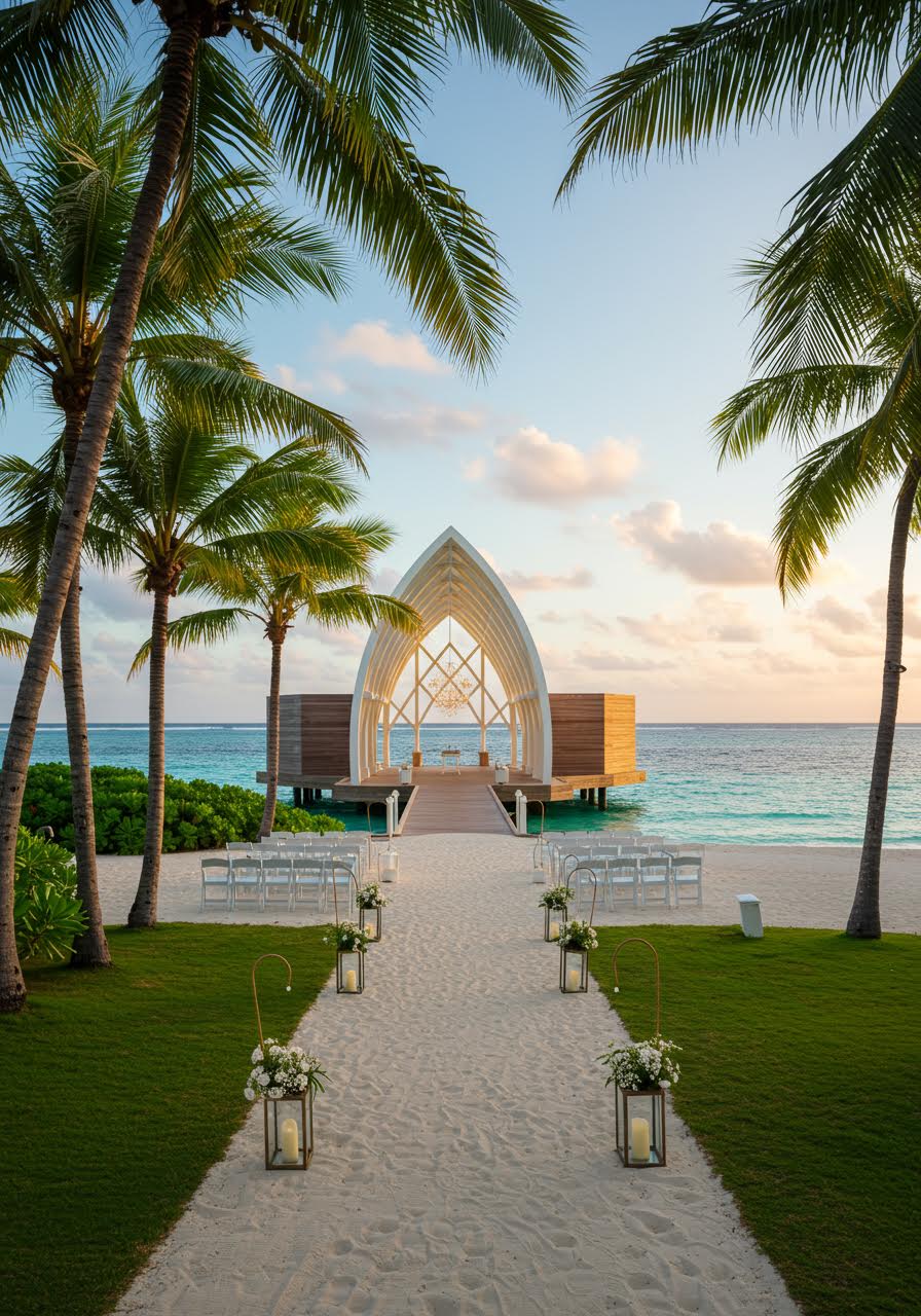 Luxury overwater wedding pavilion with crystal-clear Caribbean waters during golden hour