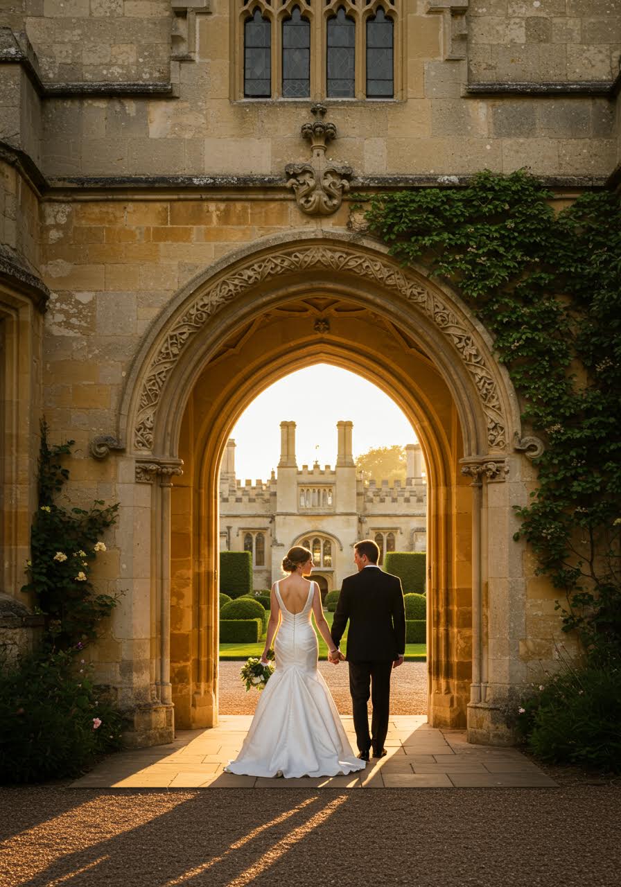 Bride and groom walking through Gothic stone archway of historic English manor during golden hour