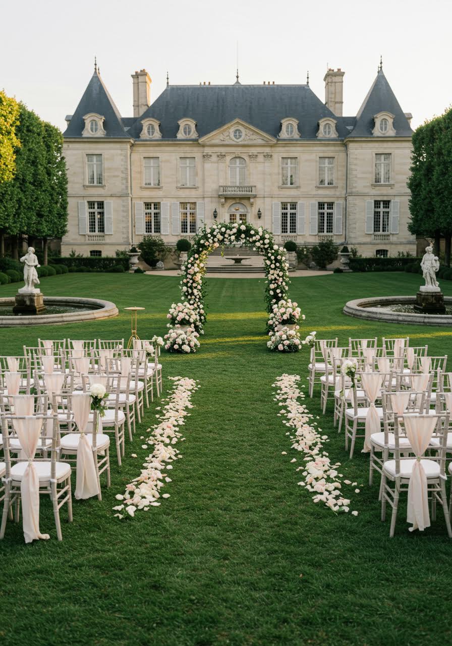 Elegant wedding ceremony setup at French chateau estate with manicured gardens during golden hour