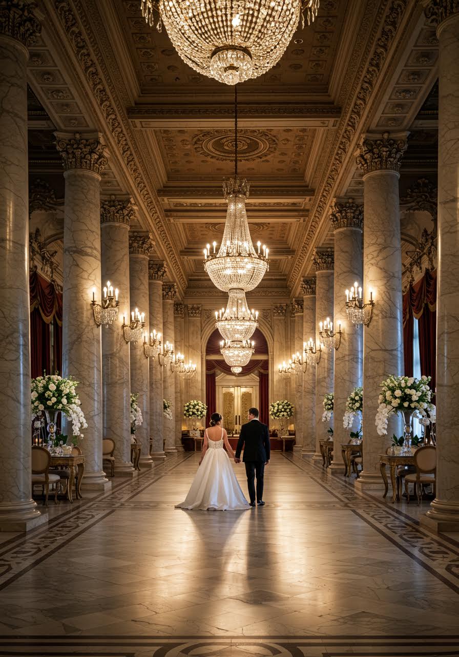 Elegant couple in magnificent hotel ballroom with marble columns and crystal chandeliers
