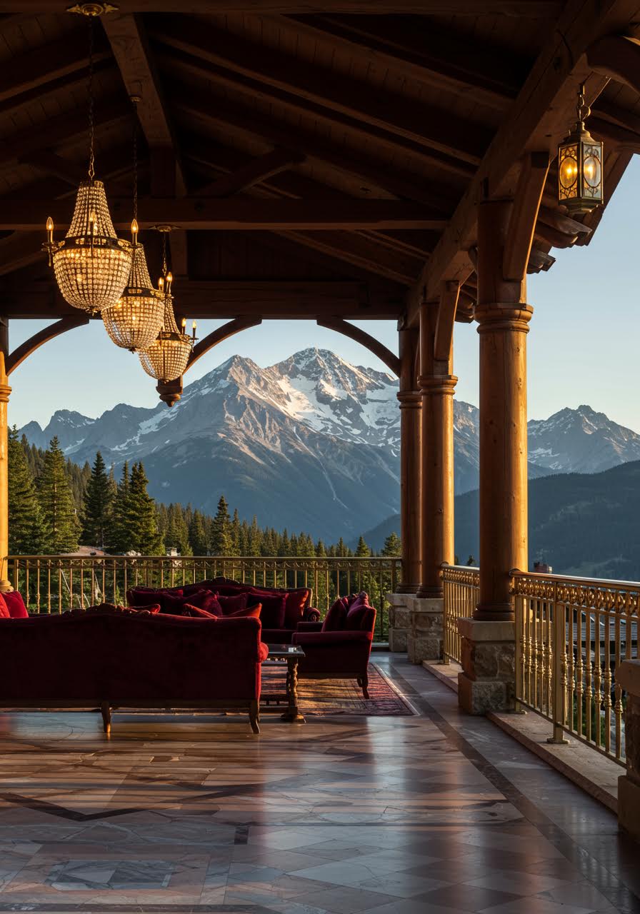 Luxury mountain resort wedding pavilion with dramatic alpine peaks during golden hour lighting